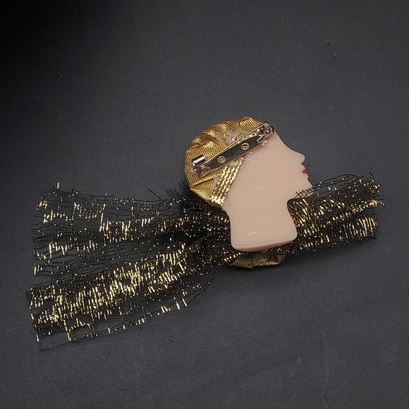 Art Deco Flapper Lady Face Head Brooch Artisan Handcrafted - Picture 2 of 8